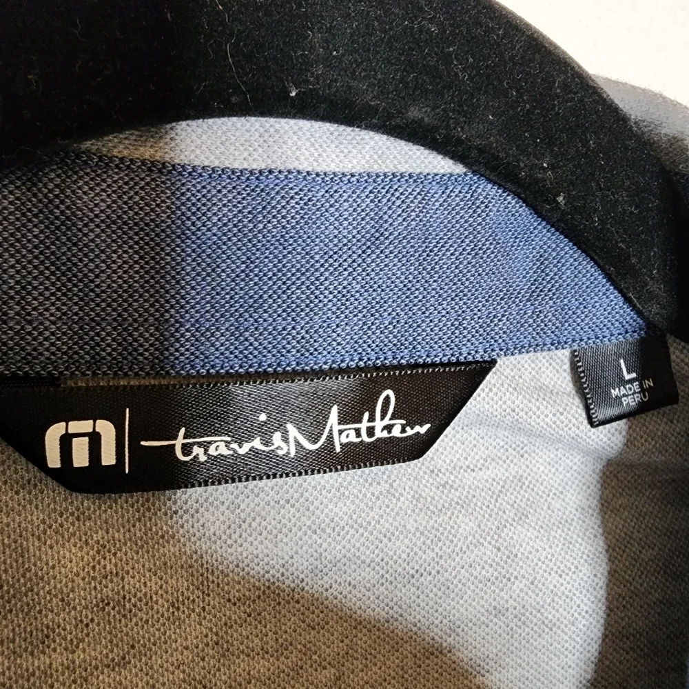 Travis Mathew Four B's Polo.‎ Grey navy blue. Men's size Large.